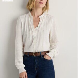 Quince Women Organic Textured Cotton Peasant Blouse Long Sleeve White XS